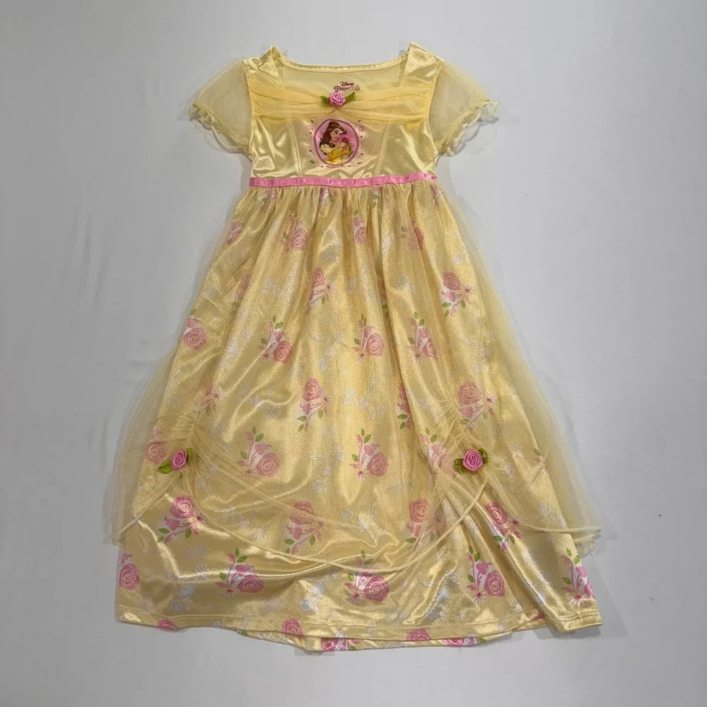 Disney Princess Belle Nightgown Kids 4T Yellow Floral Mesh Overlay Princesscore - Picture 1 of 6